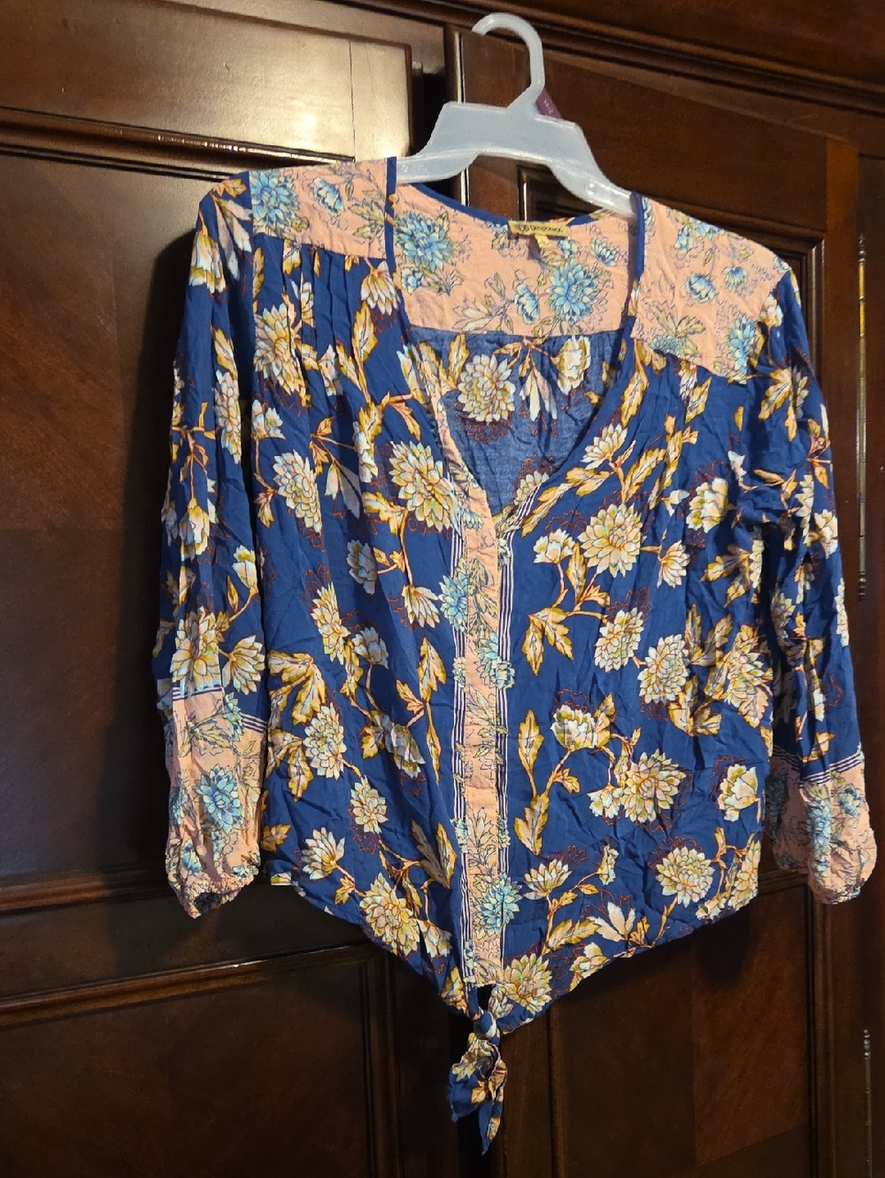 Democracy Navy Floral Tie-Front Blouse with Pink Accents